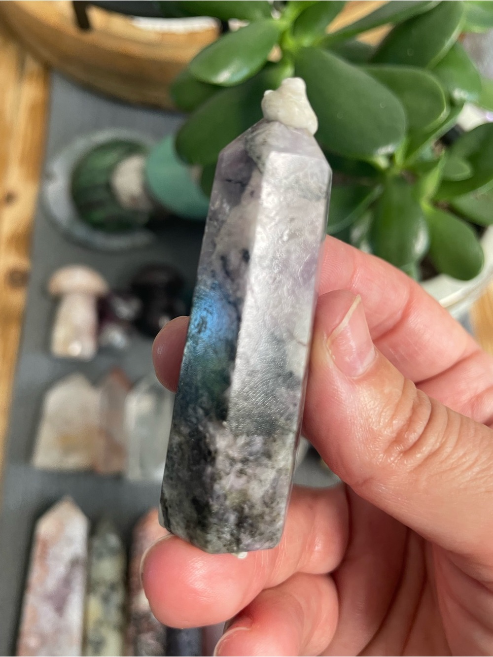 Kunzite with tourmaline and pyrite polished crystal tower uv reactive